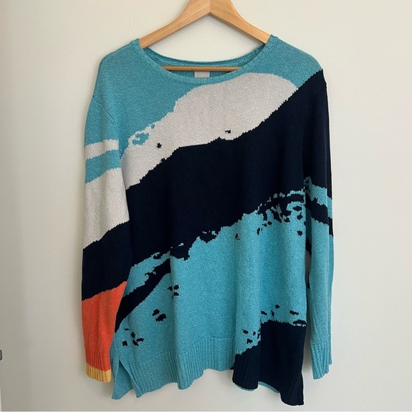 NIC+ZOE Blue and Orange Crew Neck Sweater with Artistic Design - Picture 2 of 12